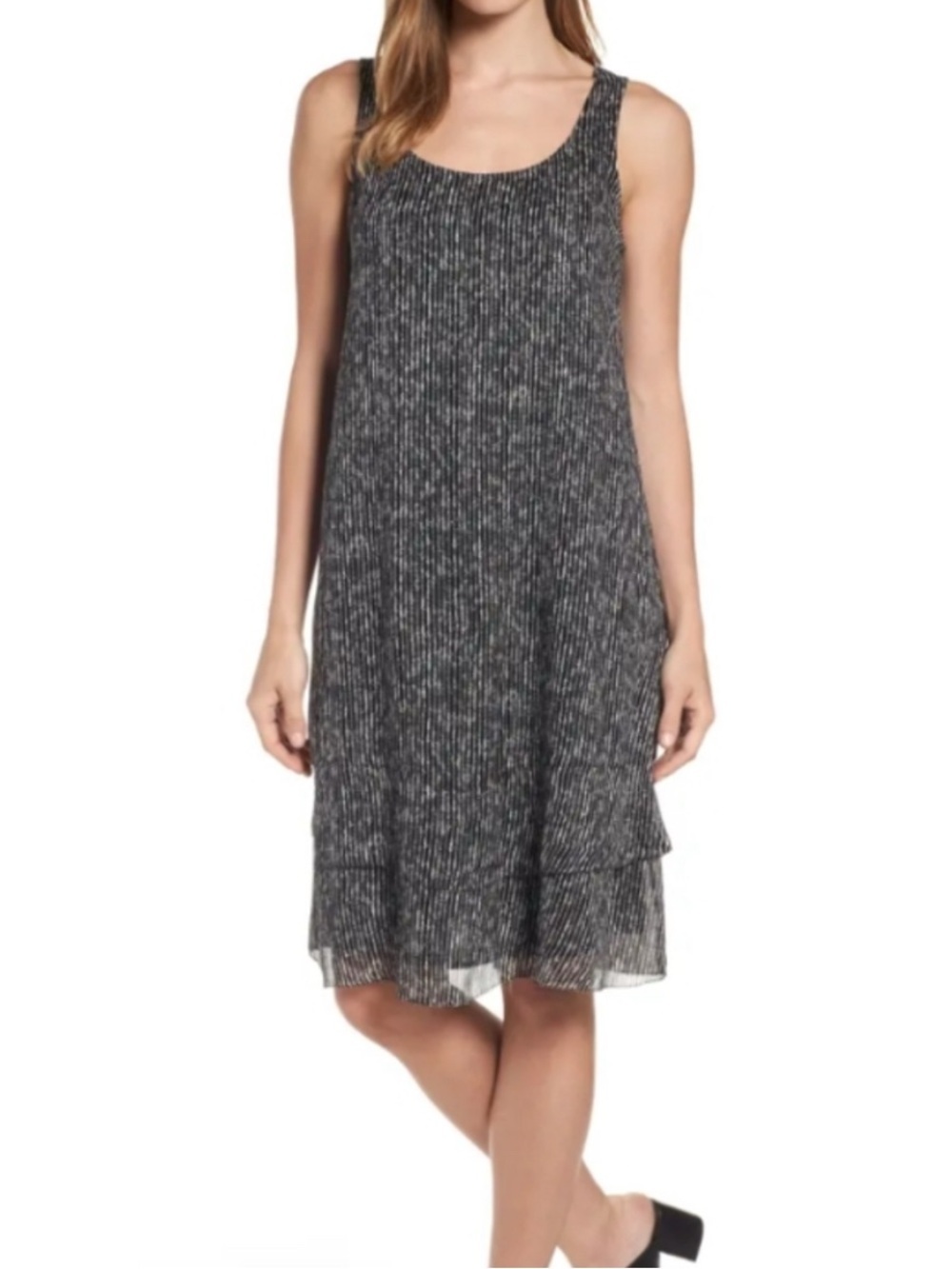 Eileen Fisher Silk Shift Dress Black Abstract Stripe Sleeveless Lined Petite S